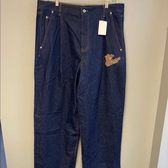 NWT & SOLD OUT Off-White '90s Logo Baggy Denim Jeans in Raw Blue Gold 36W x 36L - Picture 1 of 12